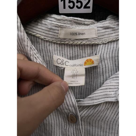 C&C California Shirt Womens Small White Black Striped Linen Peplum Short Sleeve - Picture 6 of 7